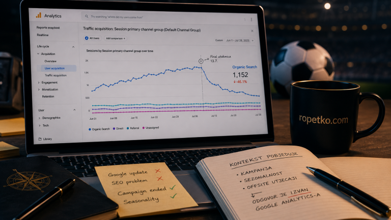 Google Analytics graf organskog prometa nakon završetka Svjetskog prvenstva uz bilješke o sezonalnosti i kampanjama.